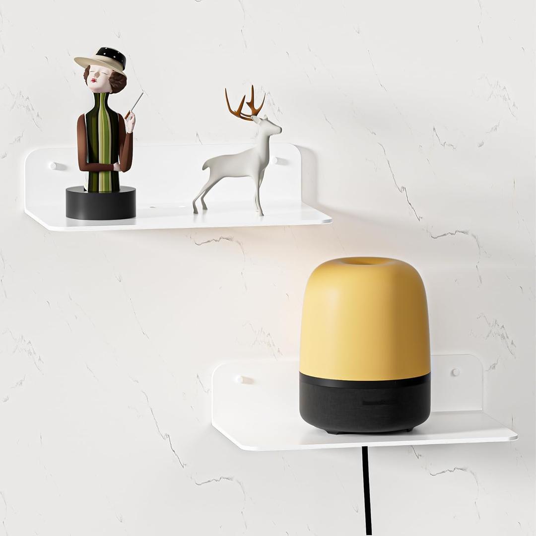 Wisfame Small Floating Shelves, 9" Adhesive Wall Shelf with Cable Hole, No Drilling, Metal Display Ledges for Living Room, Bedroom, Bathroom (Glossy White, 2 Pack)