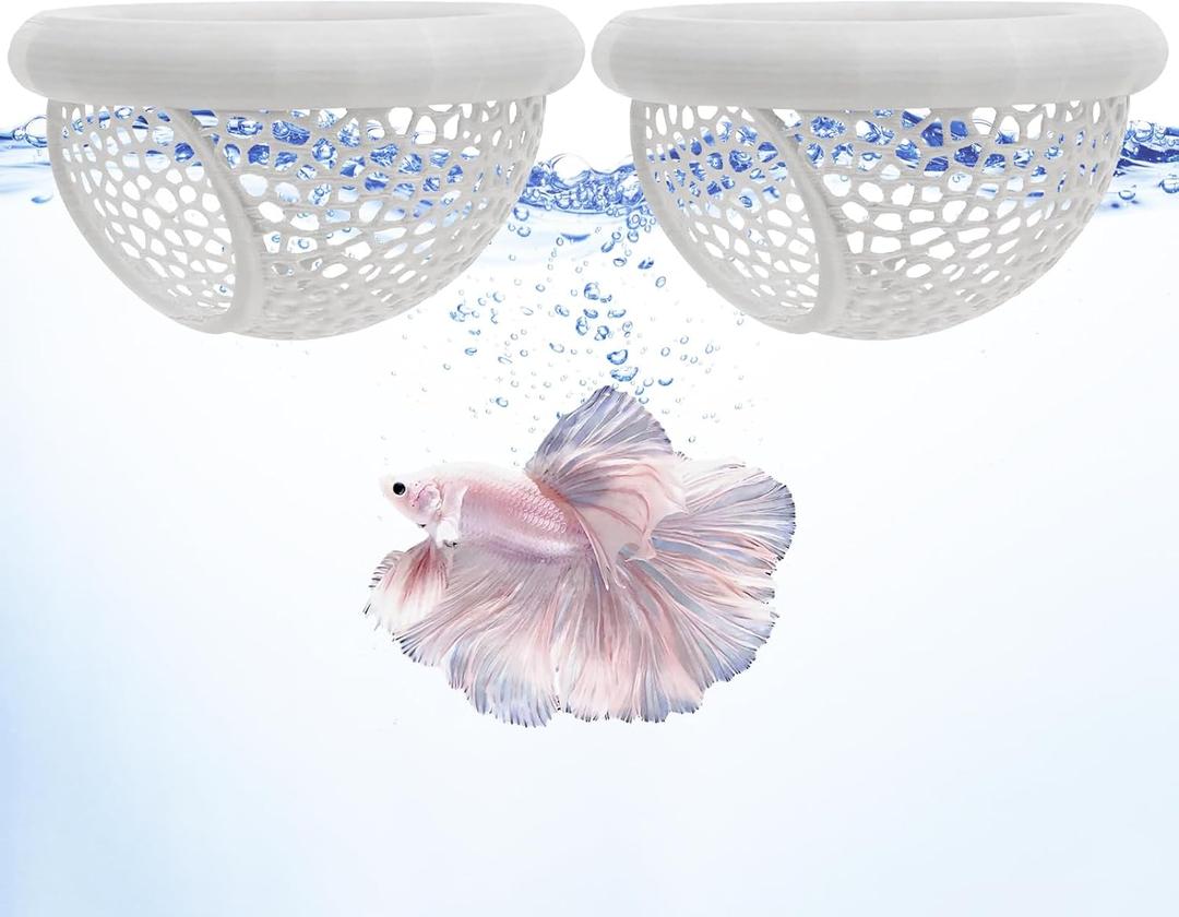 2PCS Floating Betta Hammock & Shrimp Cave, 3D Printed Fish Tank Accessories Aquarium Decor with Fish Feeding Ring Resting Spot Hideout for Betta, Shrimp and Small Fish Tank(White)