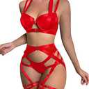 Lilosy Sexy Strappy Underwire Push Up Garter Belt Women Lingerie Set Harness Cutout Outfits Matching Bra Panty 3 Piece
Size L
