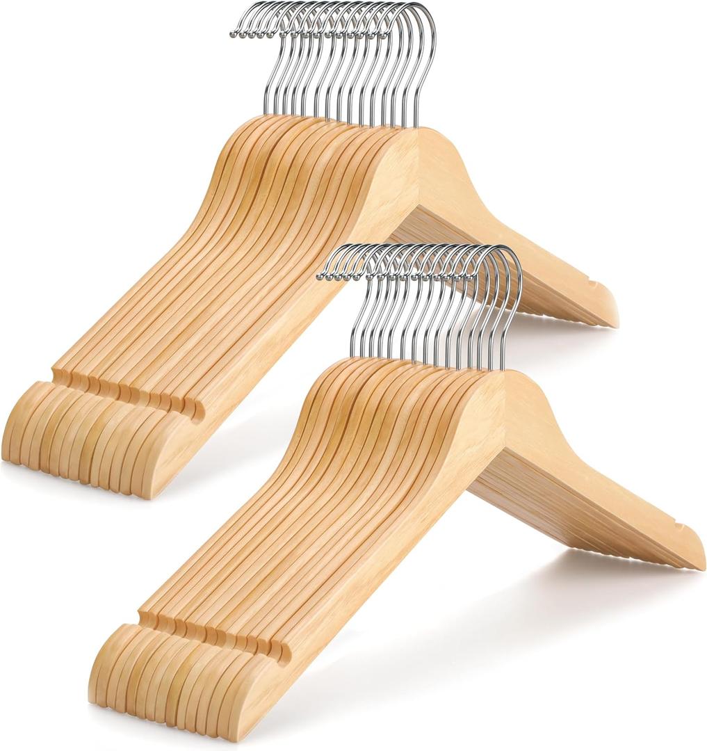 TOPIA HANGER Wooden Hangers 30 Pack, 0.28-inch Slim & Durable Clothes Hangers Space Saving, Natural Wood Hanger with 360Swivel Hook and Non-Slip Shoulder Notches for Coat,Shirt, Camisole, Dress-CT51N