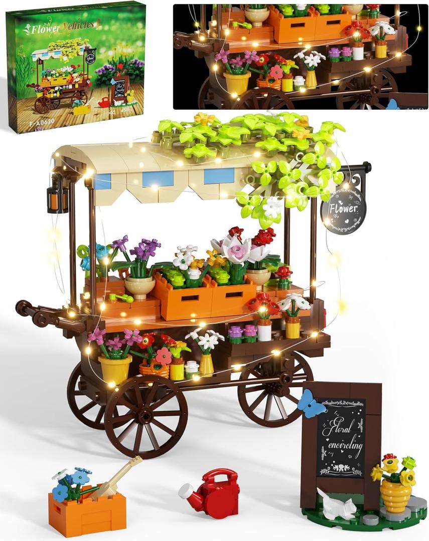 Muiurple Flower Cart Building Set with LED Strips, Car Shop with Flower Bonsai and Plants Building Kits, Flower Tools and Signs Home Desk Decor Ideas Gifts for Kids 6+