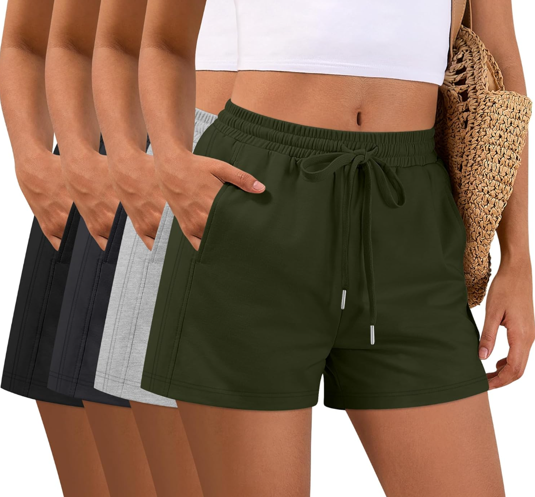 4 Pack Women Drawstring Sweat Shorts Elastic High Waist Athletic Running Short Pants Workout Comfy with Pockets, Size L