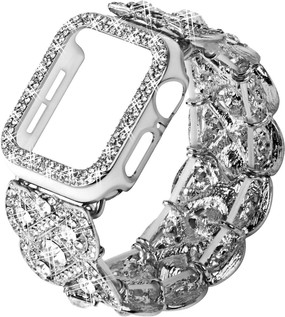 Bling Band with Case Compatible with Apple Watch Band  for Women, Luxury Dressy Metal Strap with Diamond Rhinestone Bracelet Wristband for iWatch SE Series 7 6 5 4 3 2 1 (Silver), Size: 40mm Fit Small wrist 5.9-6.3inches