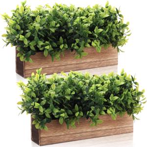 Lyrow 2 Pack Artificial Eucalyptus Plants in Rectangular Rustic Wooden Planter Box Faux Potted Herb Plant Greenery Centerpiece for Cabinet Windowsill Table Shelf Wedding Farmhouse Decor (Brown, 16 '')
