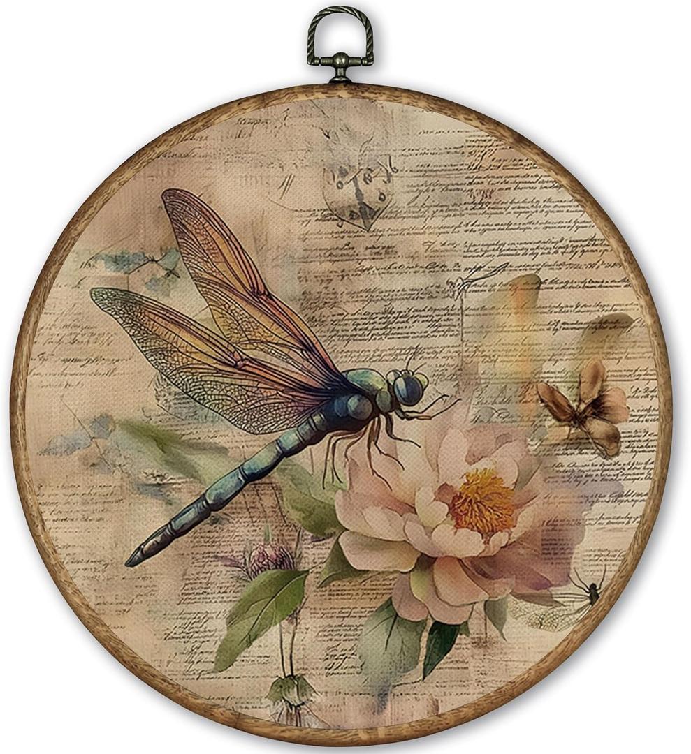TLESKE Vintage Dragonfly Floral Round Wall Art Decor Framed 10x10, Fall Flower Canvas Wall Art Prints Artwork, Beige Neutral Wall Hanging Room Door Decor Decorations for Bedroom Living Room