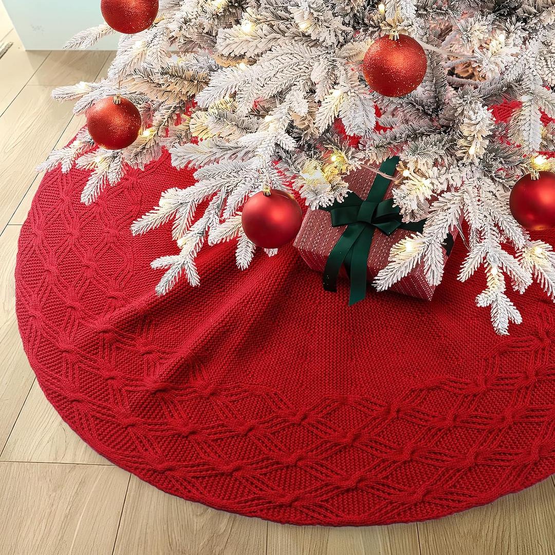 S-DEAL Knitted Christmas Tree Skirt, Red 32 Inches Thick Rustic Tree Skirt for Xmas Decoration