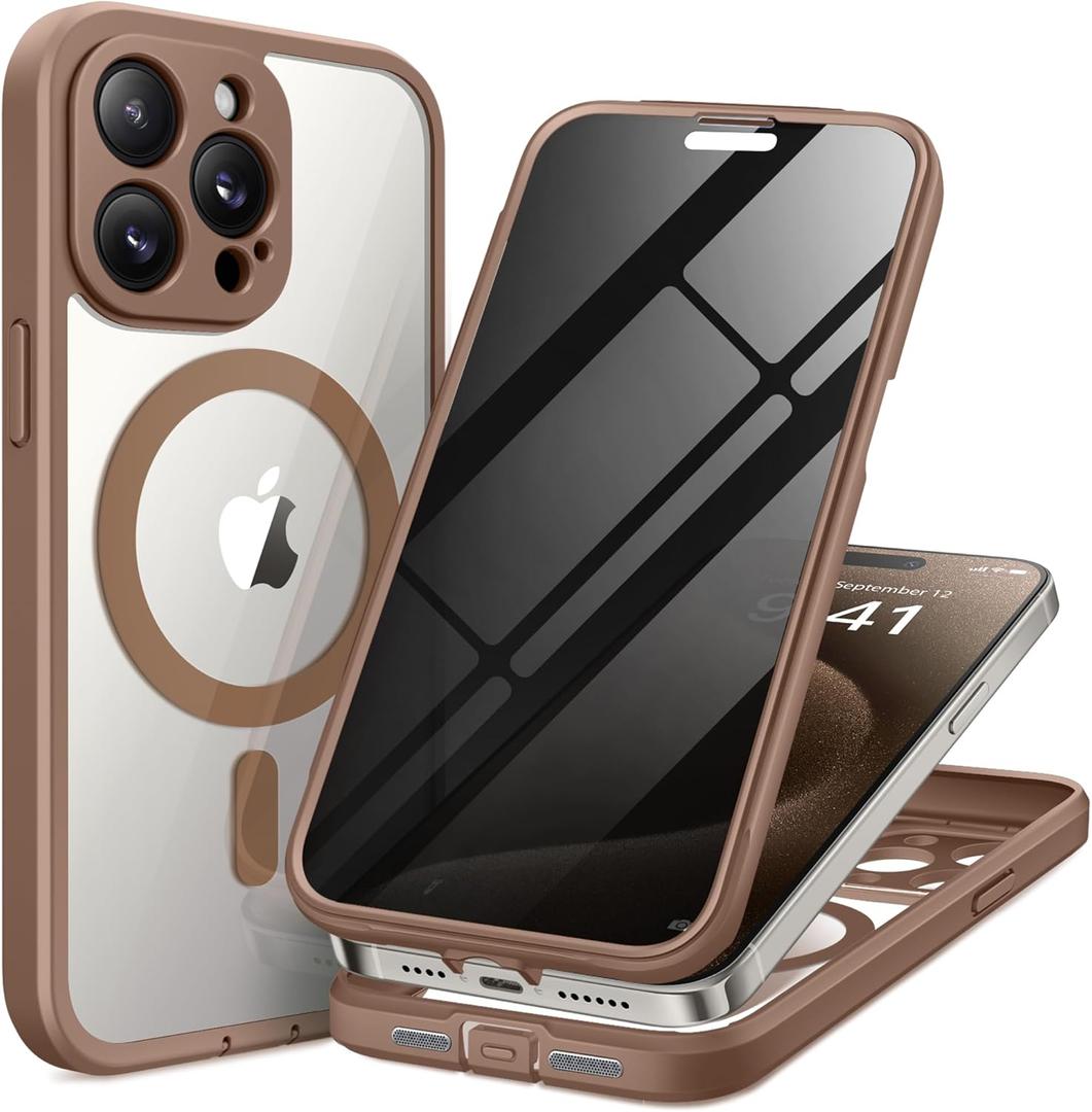 TIESZEN for iPhone 15 Pro Max Case, Compatible with MagSafe, Built-in Privacy Screen Protector and Camera Protection, Anti Spy Full Body Dustproof Shockproof Hard Phone Case 6.7", Brown