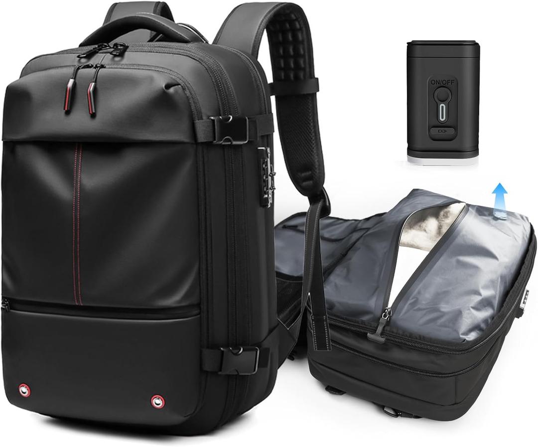 Kuvictewl Vacuum Backpack for Travel, 60L Expandable Travel Backpack with Vacuum Compression Seal System, Water Resistant, TSA Lock, Carry-On Suitcase Luggage - Pump Included (Black)