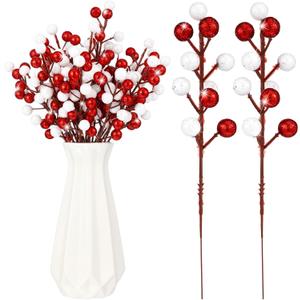 Thiccywoov 24 Pcs Christmas Glitter Berries Stems, 8.8" H Artificial Christmas Picks for Christmas Tree Ornaments, Holiday Wreath DIY Crafts, Xmas and Home Decor(Red, White)