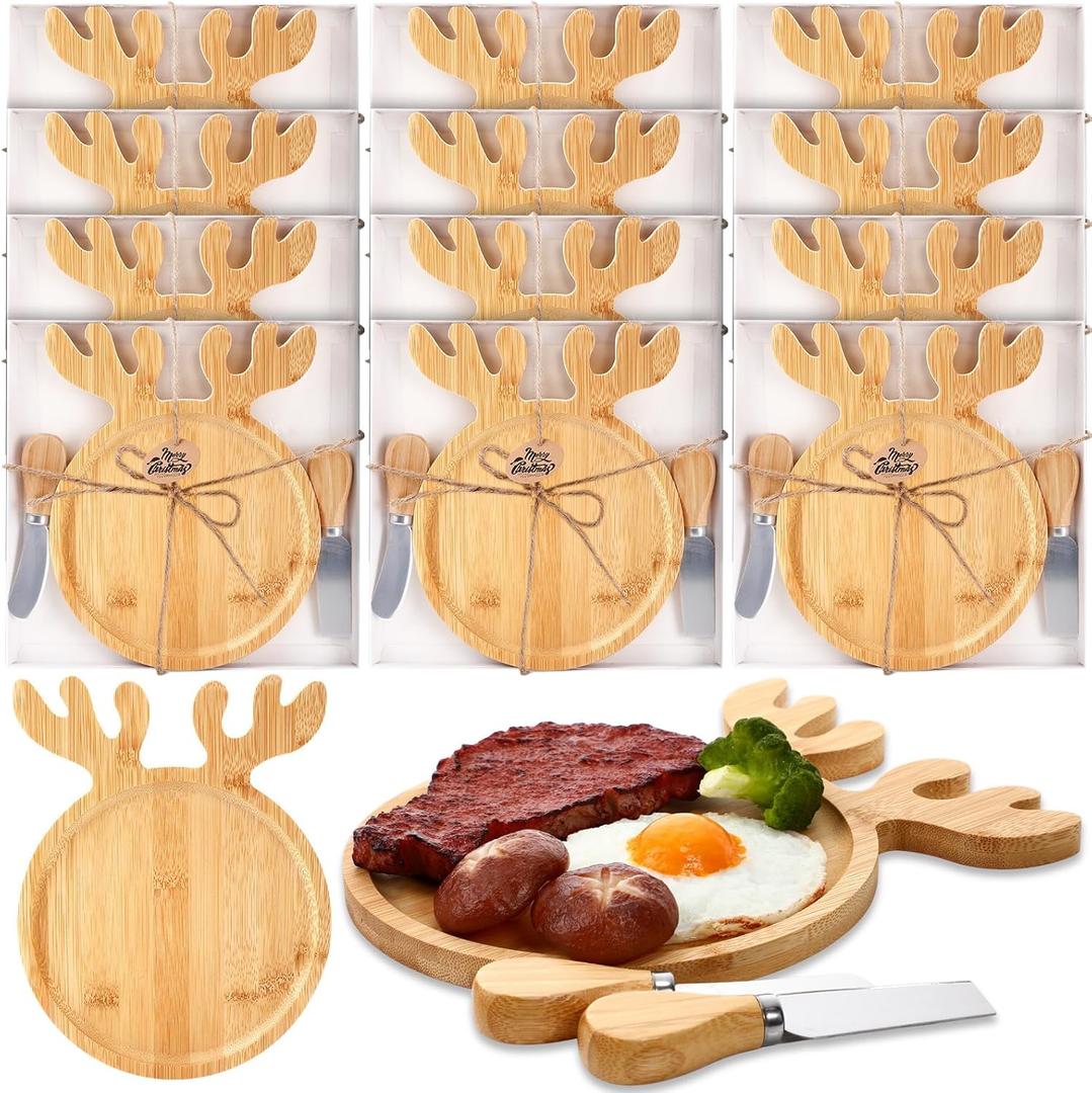 Teenyyou 12 Pcs Christmas Reindeer Cutting Boards Gift with Cheese Knives Bulk Xmas Charcuterie Board for Kitchen Wooden Bread Serving Tray Platters for Holiday Party Decoration (Bamboo Wood)