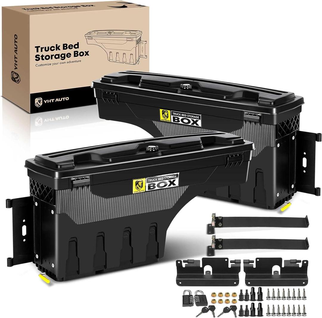 YHTAUTO Set of 2 Truck Bed Storage Tool Box Lockable Compatible with 2007-2018 Chevrolet Silverado & GMC Sierra 1500 2500 3500 3500HD, Without Bed Rail Storage, Swing Waterproof Wheel Well Toolbox (Driver and Passenger Side)