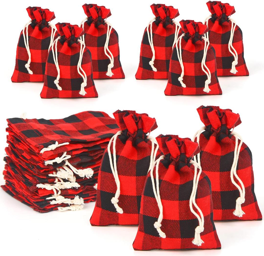 SULOLI 24PCS Christmas Buffalo Plaid Drawstring Bags, Xmas Burlap Washable Cotton Bag for Candy Goodie Holiday Favors (1)