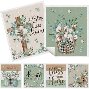 Swedish Dishcloths for Kitchen, 6 Pack Farmhouse Eucalyptus and Cotton Flower Reusable Paper Towels, Non-Scratch Swedish Dish Cloths Super Absorbent Cellulose Sponge Cloths