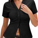 Gleeivy Short Sleeve Button Up Women Y2k Ruched Tops with Collared Slim Fitted Shirts Womens Button Down Blouse Stretchy 2026 Summer Fashion Outfit Black S (Black, S)