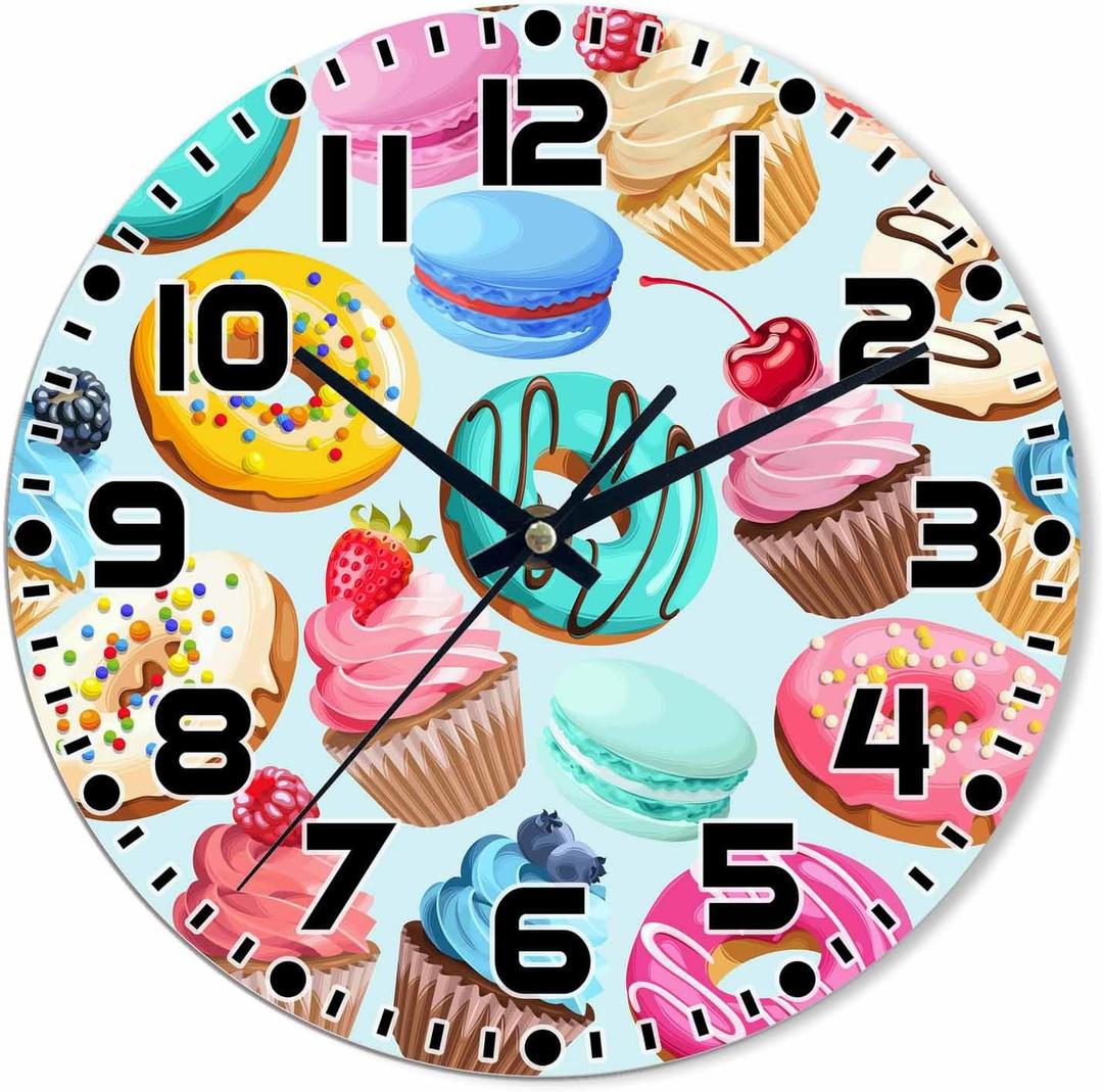 Donuts Wall Clock 10 inch Round Candy Cupcakes Macarons Silent Non Ticking Wood Wall Clocks Battery Operated Easy to Read Decorative Wall Clock for Bedroom Kitchen Living Room Bathroom
