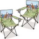 2 Pcs Animal Pattern Camping Chair,Folding Backpacking Lightweight Beach Chair w/Cup Holder,Mesh Side Pocket,Carry Bag,Portable Lawn Chair for Adults Family Outdoor Parties,Hiking,Giraffes