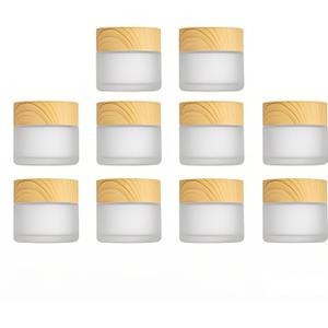 10Packs 10Grams/ML Comestic Frosted Jars Empty Cream Jars Refillable Sample Jars Glass Jar Box Pot with Woodlike Lids and Liners for Lip Balm Eye Cream Makeup Lotion