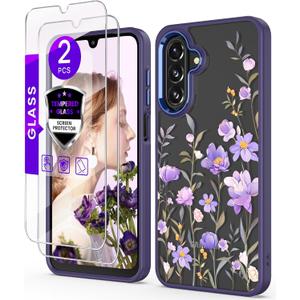 for Samsung Galaxy A17 5G Case+Tempered Glass Screen Protector,Military Grade Protective Slim Soft TPU +Hard PC,Girls Women Crystal Clear Flower Pattern Cover for Galaxy A17 5G-Deep Purple