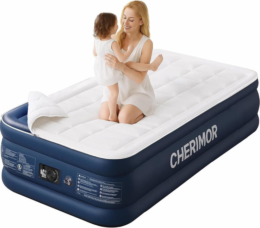 CHERIMOR Twin XL Air Mattress with Built-in Pump & Luxury Quilted Topper, 80" Length, 20" Height, 2.5 Min Fast Inflation, 500lbs Support, Blow up Mattress with Carry Bag for Guest, Camping & Home