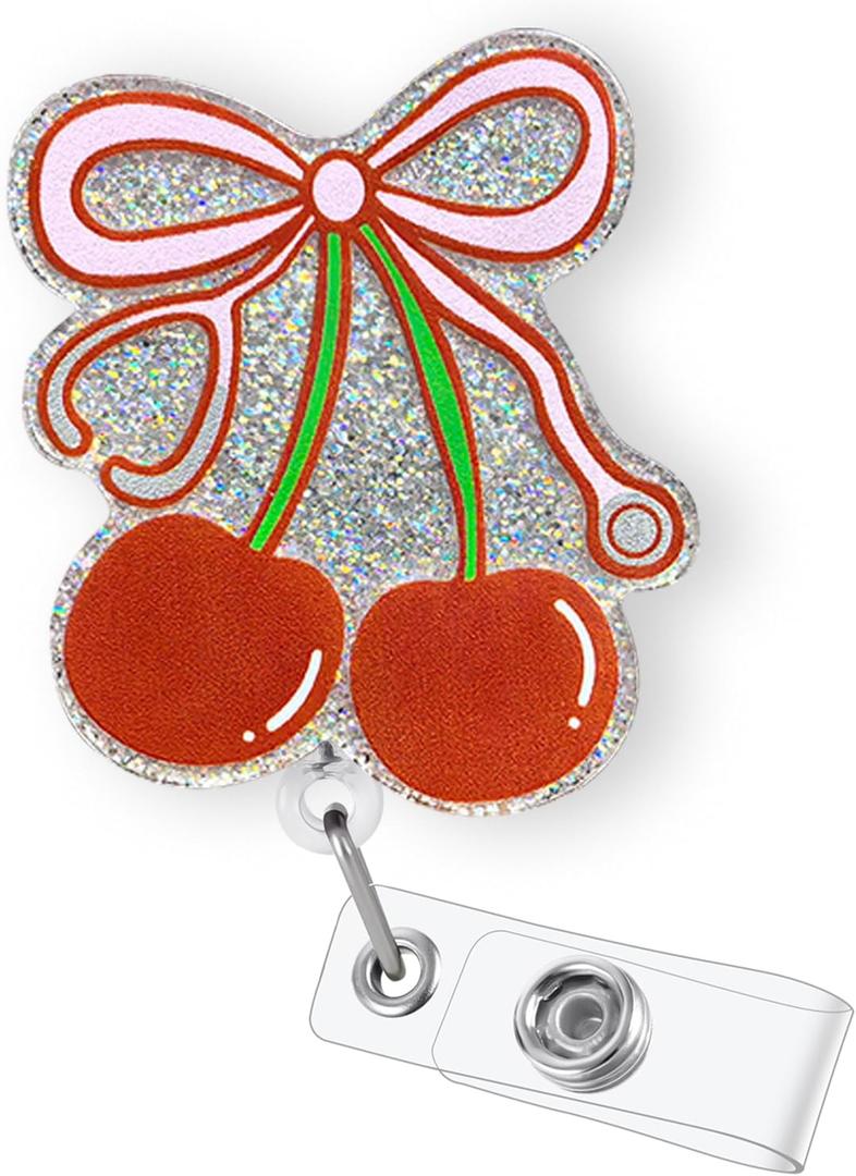 2 x Cherry Stethoscope Bow Badge Reel Retractable for Nurse Nursing RN CNA ER LPN & Medical Worker, Cute Nurse Week Gifts, Pink Bow Cherry Badge Holder with Alligator Clip, Bow & Stethoscope Badge Clip