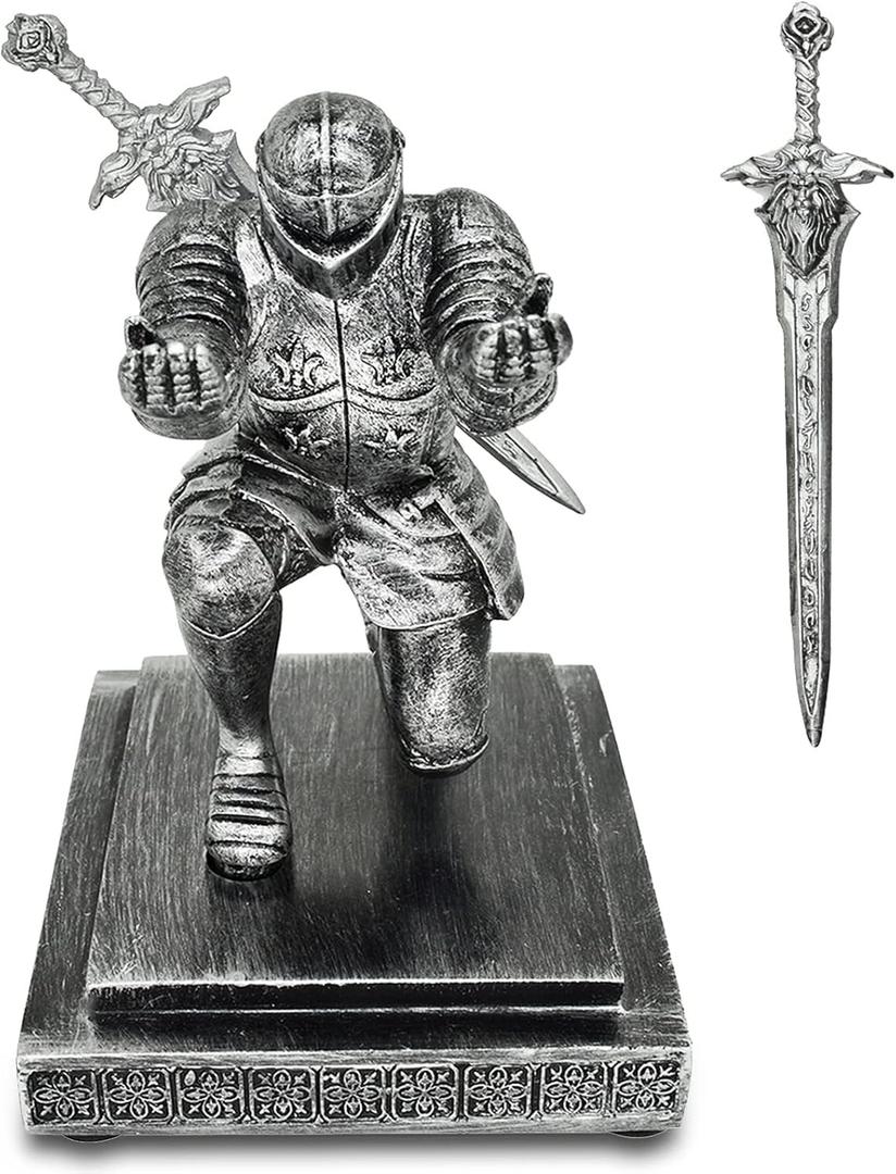 Knight Pen Holder with a Sword Kneeling Medieval Soldier Pencil Stand Desk Organizers Fancy Cool Office Home Tabletop Decor for Men Father Husband (Silver)