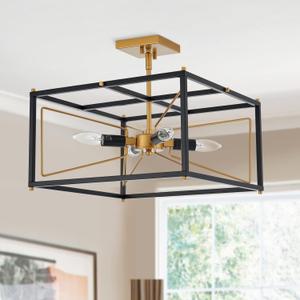 Industrial Semi Flush Mount Ceiling Light, Antique Brass Brush Paint and Black Finish Cage Mini Chandelier Mid Century for Porch Hallway Kitchen Bedroom Balcony 4-Light