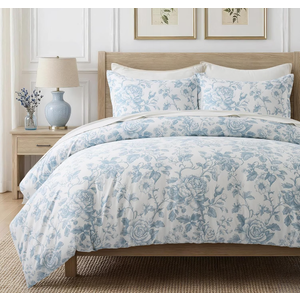 EverGrace 100% Cotton Sateen Duvet Cover Set Queen Size, 3 Piece Floral Toile Bedding Set, Pre-Washed Soft & Breathable, Button Closure with 2 Pillow Shams, Blue Linen, 90"x92"