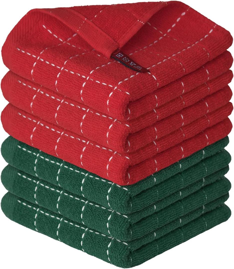 Artoid Mode Checkered Designed Cotton Red Green Terry Kitchen Dish Cloths, 12x12 Inch Soft Absorbent Quick Drying Cleaning Kitchen Rags Set of 6