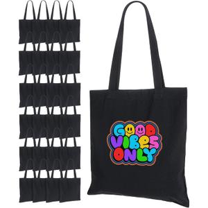 Lzerking Canvas Tote Bag Bulk 24 Pack 14x15 Inches Black Blank Canvas Bags, 10oz Medium Reusable Grocery Shopping Cloth Tote Bags for Painting, Gift, Heat Transfer Vinyl