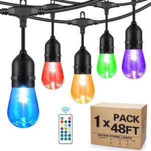 48 FT RGB Outdoor String Lights with Shatterproof String, Waterproof 15 S14 Bulbs, Dimmable LED Patio String Lights with Remote for Outdoor, Backyard, Porch,Yard