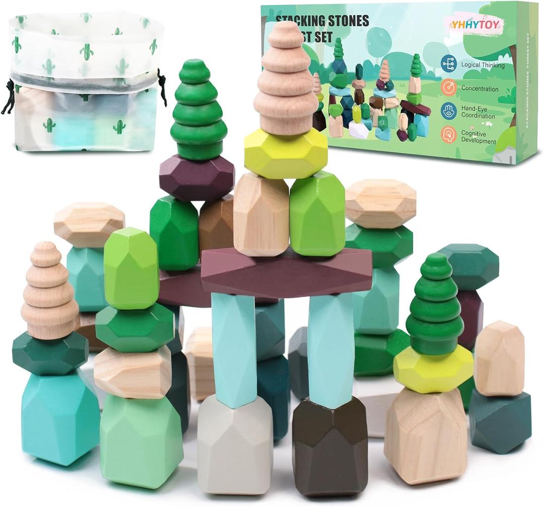 YHHYTOY 40 PCS Wooden Stacking Rocks Building Blocks Forest Theme, Sensory Learning Montessori Toys for 3 4 5 Year Old Kids, Preschool Educational STEM Toys Toddler Games Birthday Gifts for Girls Boys, Forest Theme 