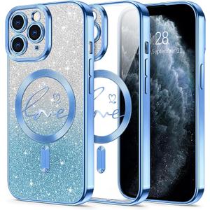 Hython for iPhone 11 Pro Case Glitter, Compatible with MagSafe Love Heart Magnetic Clear Phone Cases for Women Girls, Full Camera Protection Sparkle Plating Shockproof Protective Cover, Blue
