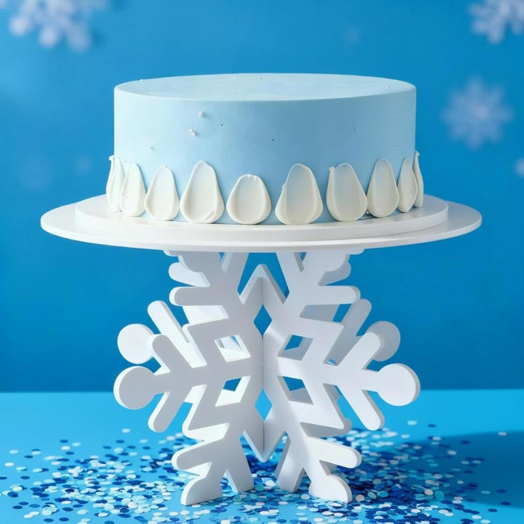 Lallisa 12" Snowflake Frozen Cake Stand White 3D Snowflake PVC Cake Decorations with Engraved Snow Themed Holder Winter Dessert Stand Centerpieces for Frozen Winter Birthday Party Supplies