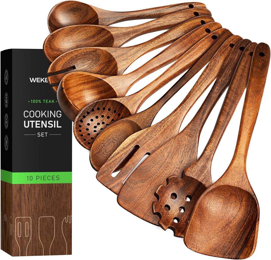 10 Piece Natural Teak Wooden Utensil Set, Wooden Spoons & Spatulas for Cooking, Non Toxic Kitchen Utensils Set, Easy to Clean, Durable, Ergonomic, Kitchen Essentials for New Home, Gifts for Women