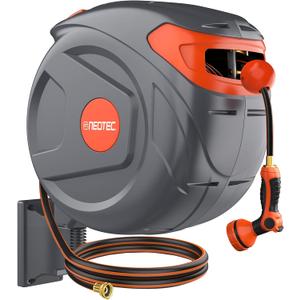 NEO-TEC Retractable Garden Hose Reel 100 ft 1/2 Inch with 3-Layer PVC Hose Wall Mount Automatic Slow Return Any-Length Lock 180° Swivel Hose Reel for Large Yard