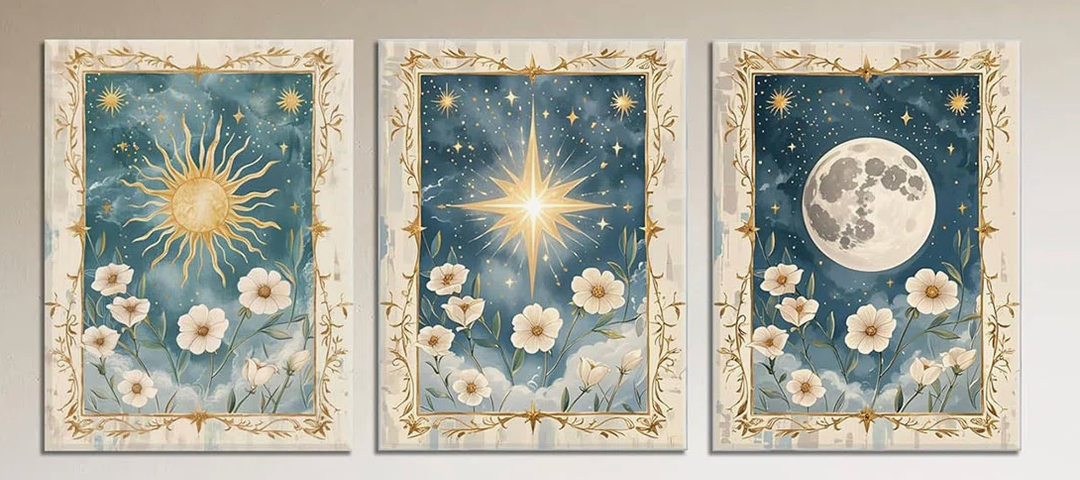 3Pcs Sun And Moon Celestial Wall Art Vintage Wall Decor Painting Sun Flower And Full Moon Canvas Pictures Boho Celestial Prints Posters For Bed Room Home Decor 12X16 Inch Framed