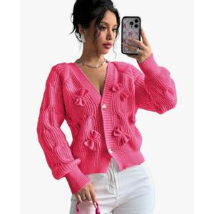 FOTKLAX Women's Cropped Bow Chunky Knit Cardigan Sweaters Open Front Cozy Long Sleeve Button Up Cardigans for Winter, Medium