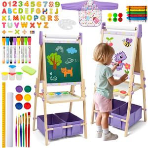 3-in-1 Kids Art Easel Set, Height Adjustable Magnetic Whiteboard & Chalkboard with Painting Paper Roll, Wooden Dual-Sided Art Station for Toddlers & Children Ages 3-8 (Art Supplies Included), 7 x 22 x 50 inches