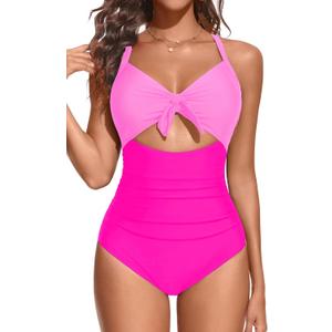 Aqua Eve Women Cut Out One Piece Swimsuit - Tummy Control Bathing Suit Push Up Monokini Swimwear 2025 (Pink, M)
