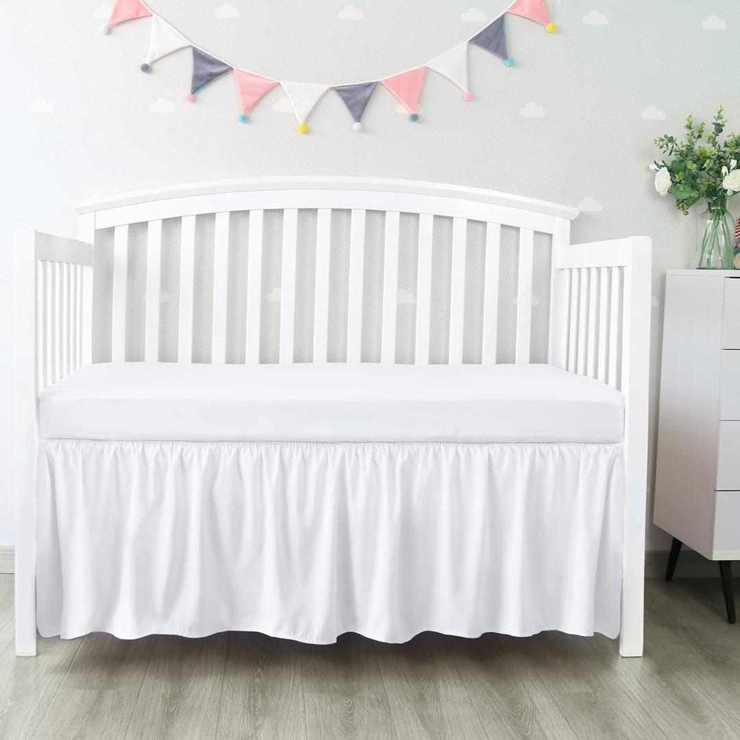 Crib Bed Skirt 28 x 52 with 14 Drop Pleated Dust Ruffle for Baby Boys Girls Elastic Adjustable Fit Toddler Bedskirt Easy On/Off Soft Nursery Standard Crib Bedding Skirts Solid White Crib Skirt