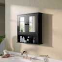 Panana Wall Mounted Bathroom Cabinet Wall Cabinet with 2 Mirrored Doors and Open Compartment, Inner Adjustable Shelf, 22" x 5.1" x 22.8" (Black)