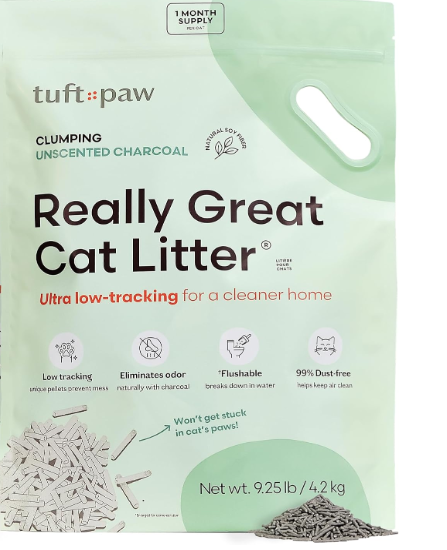 Tuft + Paw Really Great Cat Litter, Low Tracking Tofu Cat Litter, Clumping, Flushable, Odor Control, Dust-Free, Unscented - 9.25lbs 