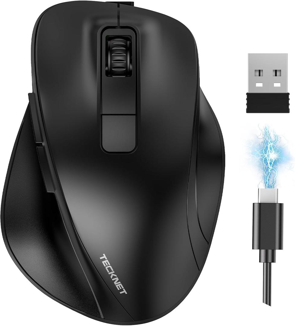TECKNET Wireless Mouse, Bluetooth Mouse (BT5.0/3.0 & 2.4G) Rechargeable 4800 DPI Silent Mice, Computer Mice with USB A Receiver,Ergonomic Grips Optical Cordless Mice for Laptop/Mac/PC, 'Black'