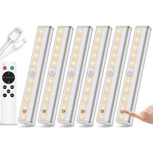 Remote Control Under Cabinet Lighting Wireless 6 Pack, 20-LED Dimmable Closet Lights Rechargeable Under Counter Light, Stick on Touch Night Light Strip Bar for Kitchen Stairway Bedroom, 3 Colors