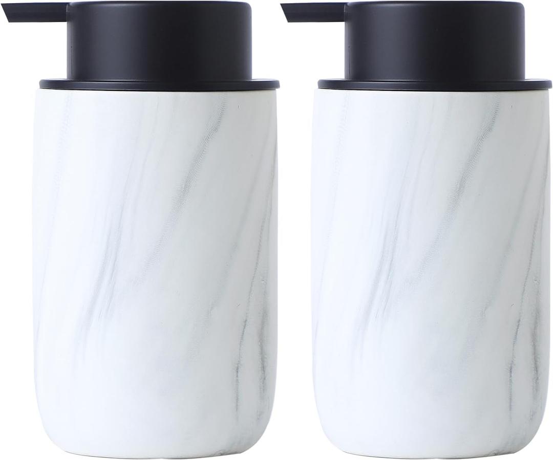 White Marble Soap Dispenser Set- Modern Ceramic Hand Soap Dispenser for Bathroom Liquid Soap for Farmhouse Kitchen Bathroom Decor 2 Pack