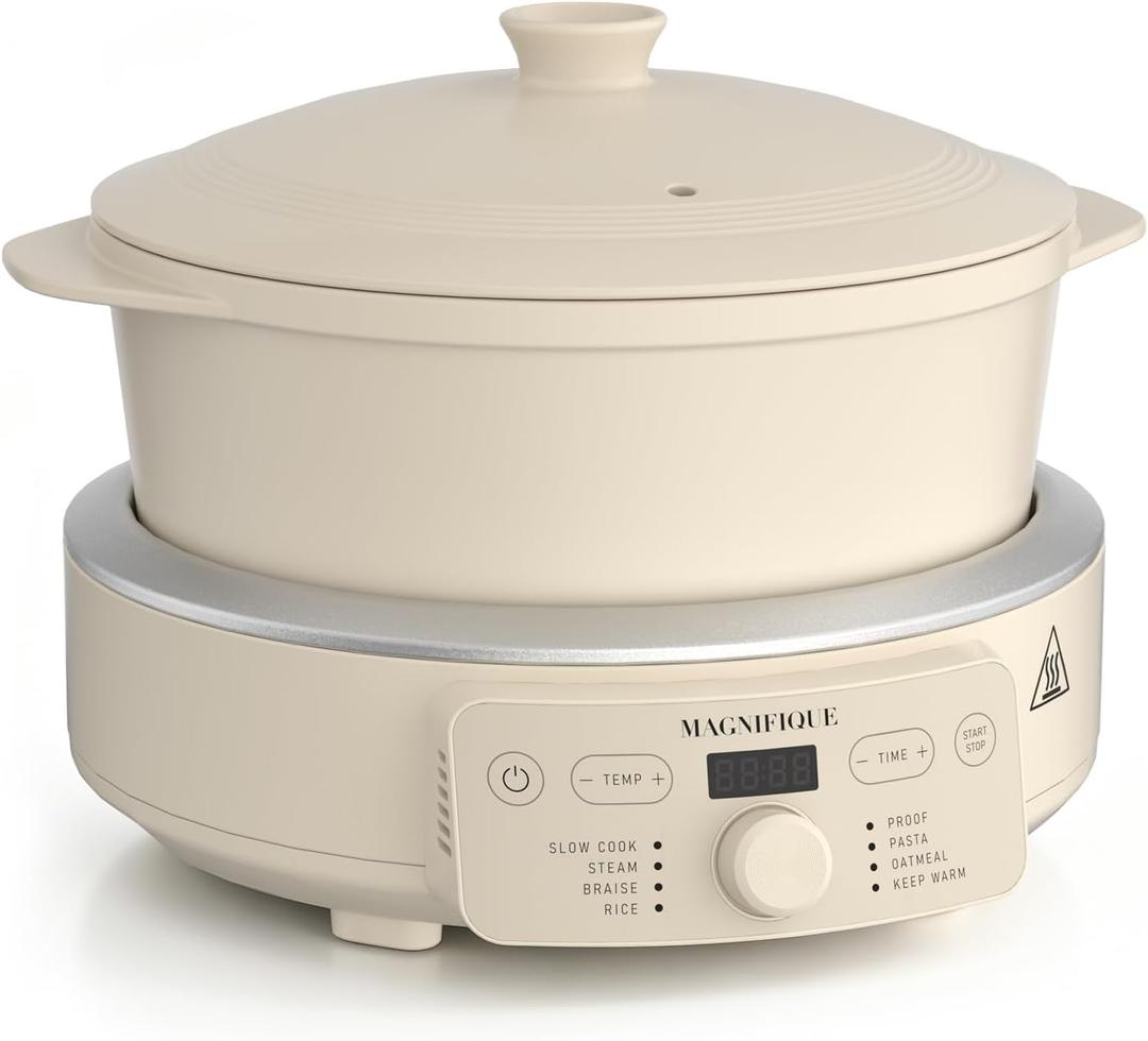 MAGNIFIQUE Slow Cooker, 4.5 Quart 8-in-1 Clay Pot Multi-Cooker, Non-Toxic Slow Cooker with Removable Clay Pot, for Rice, Pasta, Steam & Proof, Nonstick, Oven Safe Pot to 500F, Oatmeal