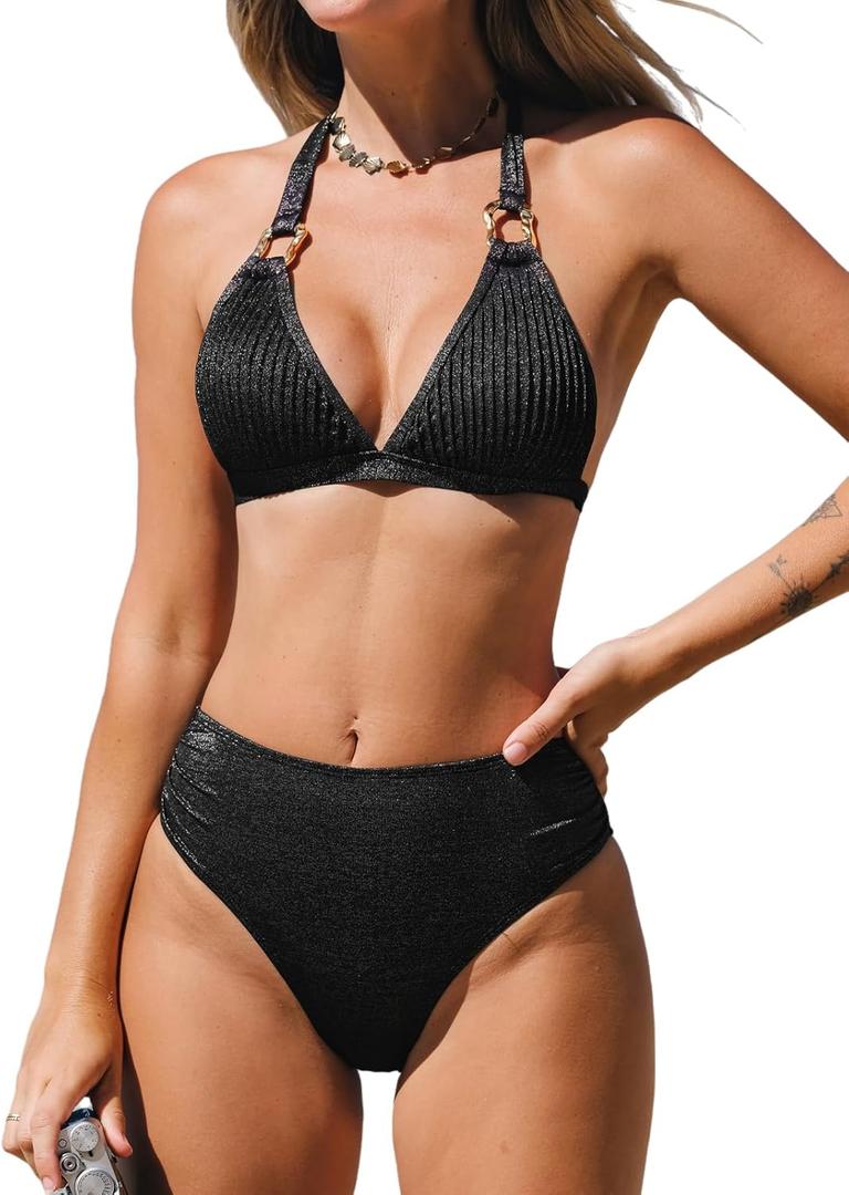 CUPSHE Women's Two Piece Bikini Sets V Neck Bathing Suits Textured Halter Side Shirred Back Hook Adjustable Straps, L