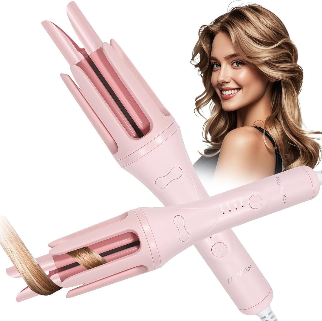Automatic Curling Iron, 1.25 Inch Hair Curler with 4 Temp. Options, 10S Fast Heating, 2-Way Rotation, 30 Min Auto Shut-Off, Anti-Scald-Tangle for Long Hair, Dual Voltage for Travel (Pink)