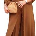 CHICME Womens 2 Piece Casual Outfits Long Sleeve Button Down Longline Shirt and Wide Leg Pants Set Lounge Set, Small