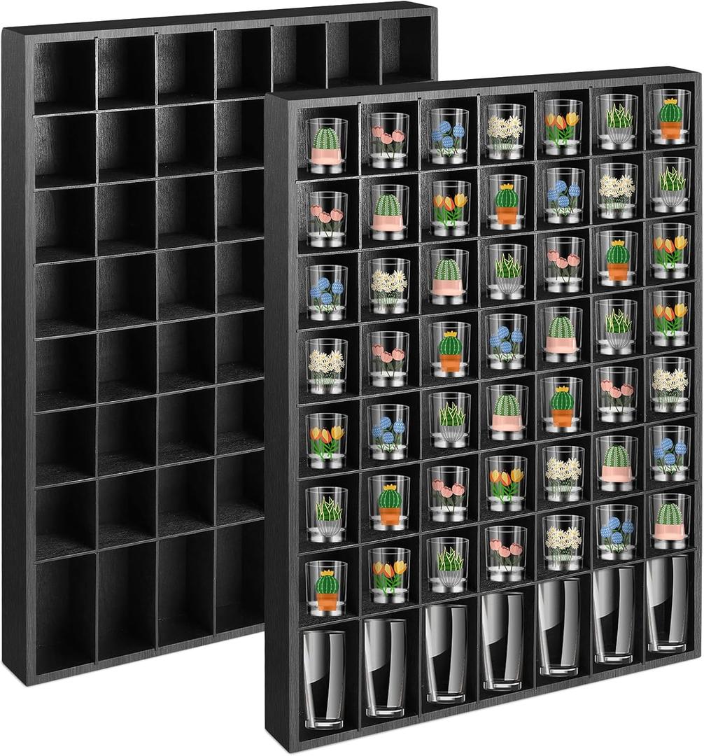 2 Pcs Large Wooden Shot Glass Display Case with Removable Shelves, Wall Mounted Shadow Box, 56 Slots